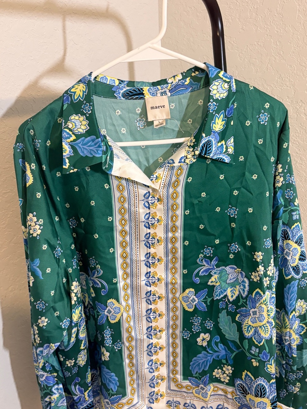 Anthropologie Maeve Green Floral Button-Up Blouse with Blue & Yellow Accents